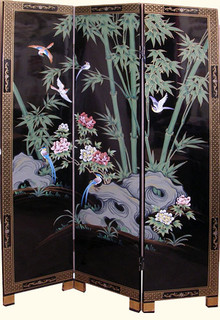 3 Panel 72   inches  high Shiny Black Lacquer & hand Painted bamboo oriental floor screen and room divider