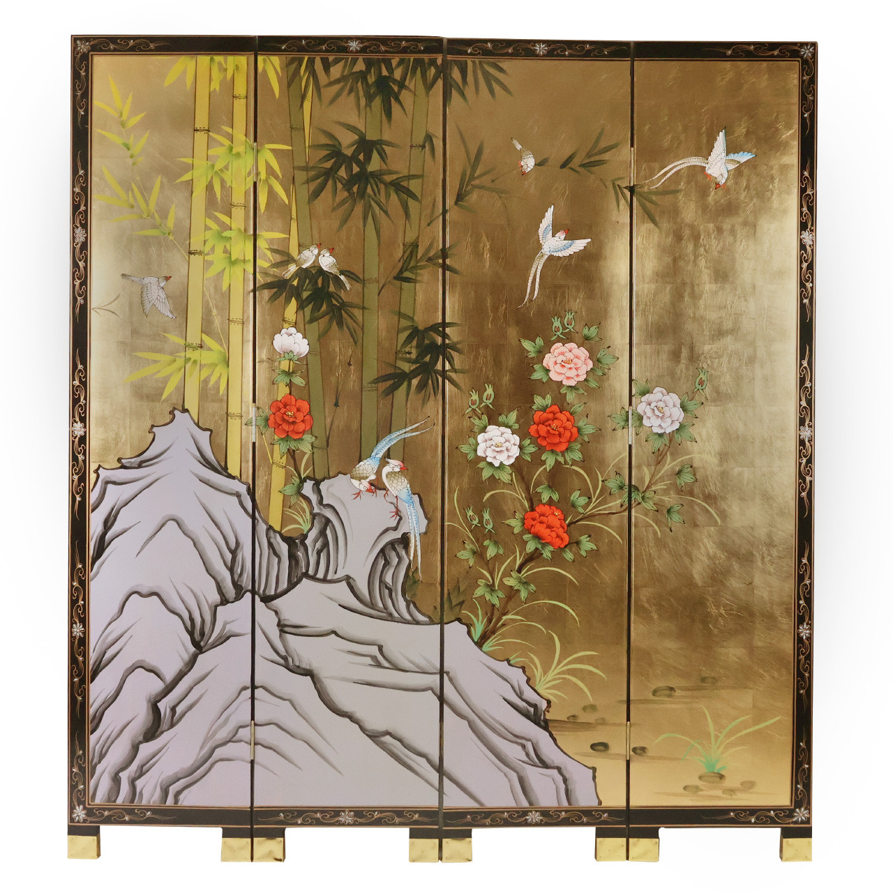 72" H. Oriental Room Divider Hand Painted Bamboo on Gold Leaf