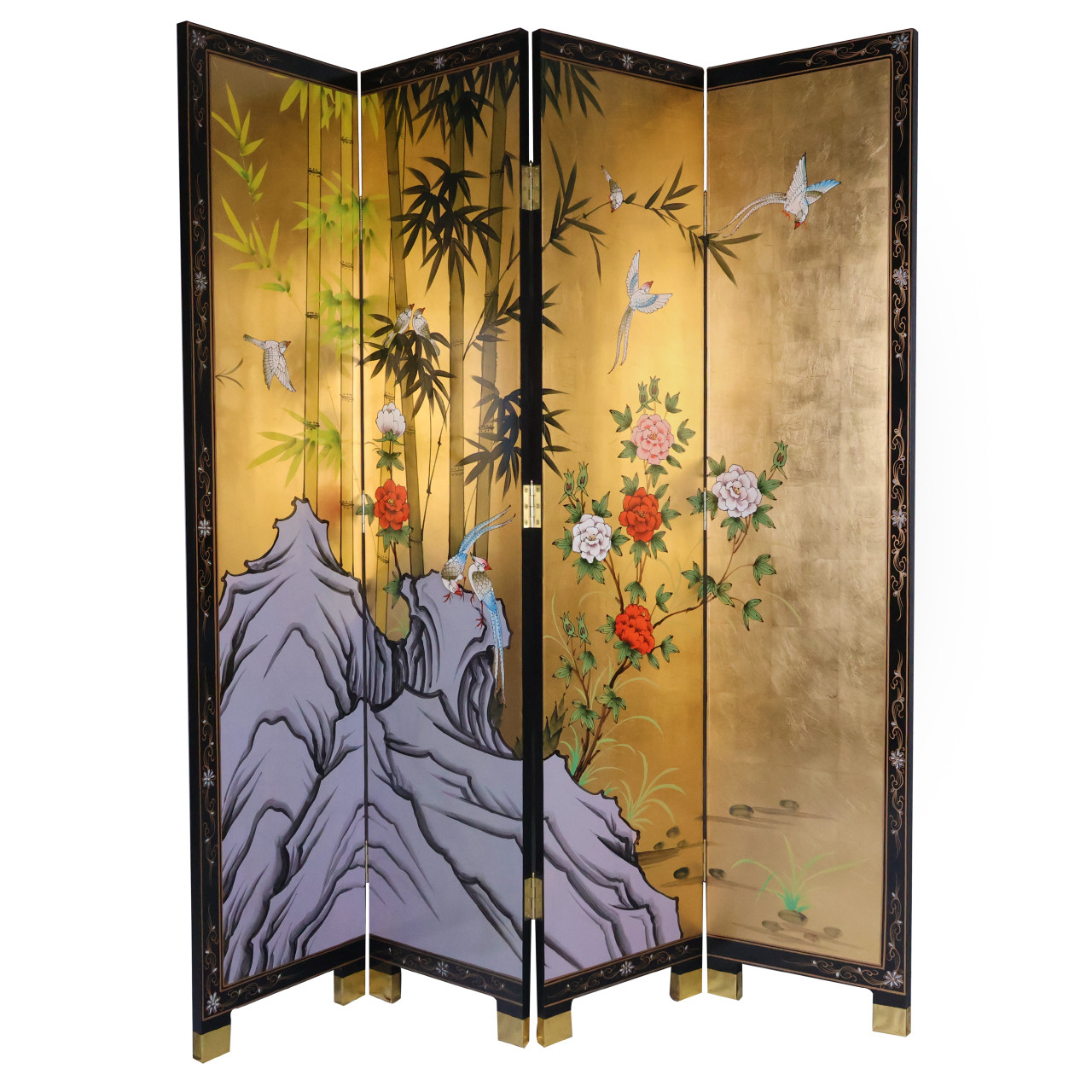 72" H. Oriental Room Divider Hand Painted Bamboo on Gold Leaf - Thumbnail 3
