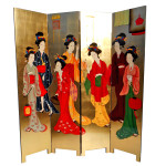 72"  high Oriental floor screen / Geisha room divider with double sided hand painting on gold leaf .