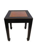 Antique black lacquered Oriental end table has a rattan top and Tamu edge at import direct pricing.