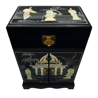 16" Black Chinese Lacquer Inlaid Mother of Pearl Jewelry Box with Mirror top, Six felted Drawers for Rings and Things