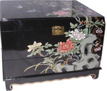 End table sized Oriental trunk. Hand painted shiny black.  One drawer and inside shelf.