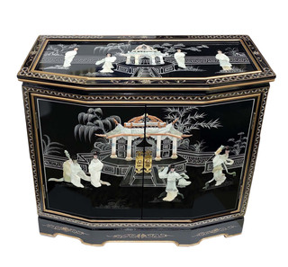 32" W. Hand Painted Black Oriental Cabinet with Two Doors, Shelf, Glass Top and Inlaid with Mother of Pearl