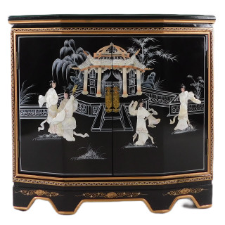 32" W. Hand Painted Black Oriental Cabinet with Two Doors, Shelf, Glass Top and Inlaid with Mother of Pearl