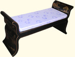 Our Antique black finish Oriental bench in lotus shape with silk cushion & rich gold hand painting.