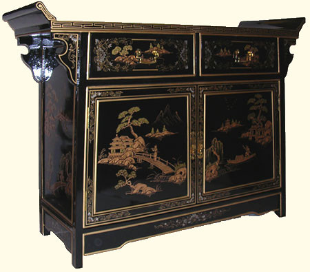 42  inch wide  Oriental Buffet in landscape art with wing top and splayed legs at import direct pricing.