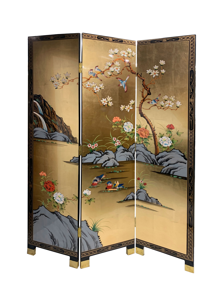 Oriental Screen Hand Painted Gold Leaf Waterfall, 3 panel folding