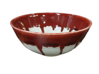 14" Wide Chinese Porcelain Table Bowl In Celadon & Oxblood Drip.
