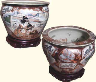 Chinese Porcelain 2 Panel Fishbowl Planters In Satsuma Geishas ...