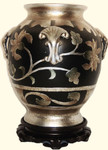 Hand painted Chinese porcelain 12 inch high melon-jar with 4 handles and silver leaf.  Import direct pricing