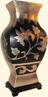 Black, silver leaf, carved and hand painted art deco floral 16 inch  high Chinese porcelain.