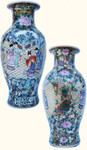 14 inch high  Chinese porcelain fish tail vase is hand painted in Rose Medallion. Import direct pricing!