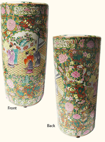 18 inch high  Hand painted Rose medallion Chinese porcelain umbrella stand . Import direct pricing!