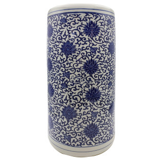 Rustic Chinese Porcelain Umbrella Stand with Blue & White Floral Design