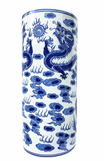 Oriental Porcelain Umbrella Stand with Blue and White Dragon
