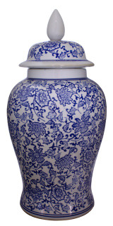 18" H Blue and White temple jar with Daisey chain flowers