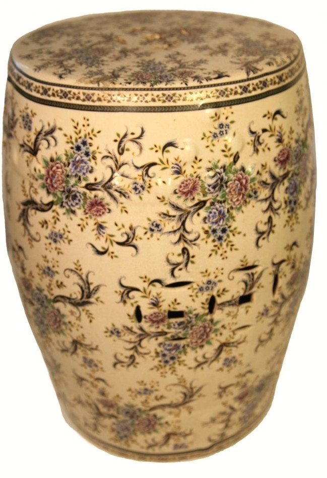 18 H Oriental Garden Stool With Glazed Chinese Flower Painting