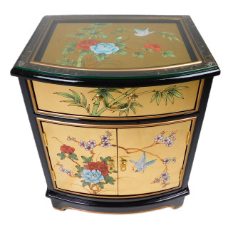 Oriental End Table With Painted Bird and Flower Design In Gold