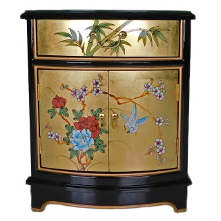 Oriental End Table With Painted Bird and Flower Design In Gold