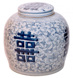 8" H Blue And White Double Happiness Jar