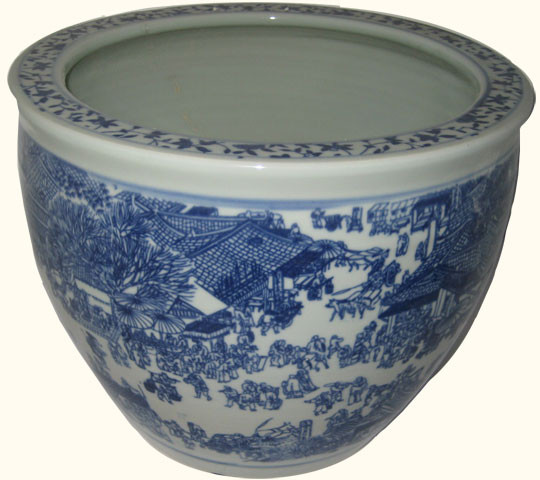 Blue and White Fish Bowl Planter with Village Scene | Oriental Furnishings