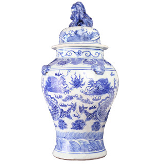 24"H Blue and White Chinese Porcelain Temple Jar in Five Rings with Dragon Glaze