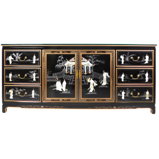 72" Shiny Black Handpainted Oriental Dresser With Mother Of Pearl Inlays and Glass Top, Two Doors and Six Felt Lined Drawers