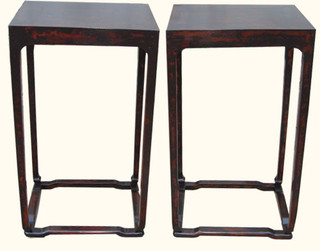 Set of two 18  by 14   by 32 inch tall antique elmwood tables