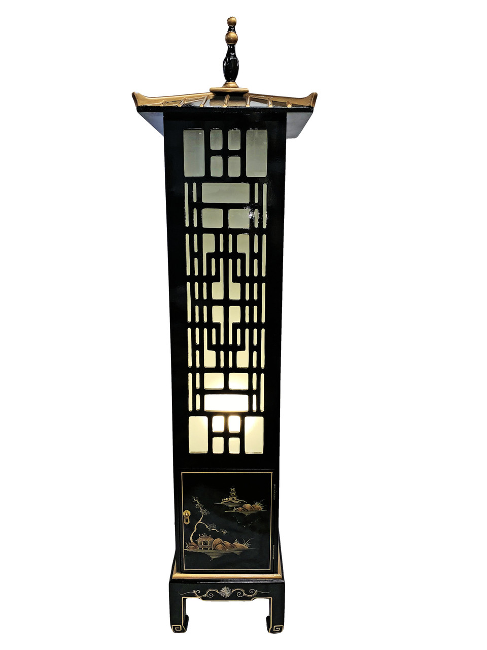 Oriental Floor Lamp Chinese Black Lacquer with Asian Landscape Painting