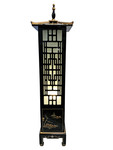 68  inch high Oriental Pagoda floor lamp in black lacquer and inlaid pearl with cabinet bottom.
