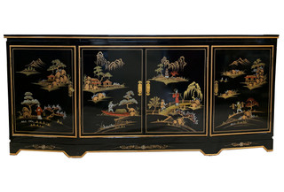Oriental Buffet in Black Lacquer With Hand Painted Landscape 72"L