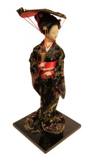 12" H Japanese Geisha Doll with Fan and Sun Hat in Black Flower Kimono