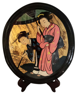 Oval Lacquer Wall Panel Hand Painted Japanese Geisha