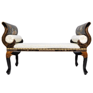French Style Bench Finished in Black Lacquer and Mother Of Pearl Inlay in Chinese Design