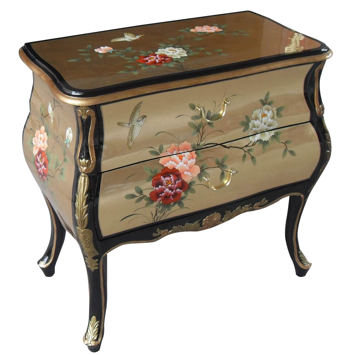 Oriental Bombe Cabinet Hand Painted Lacquer Floral On Gold Leaf In