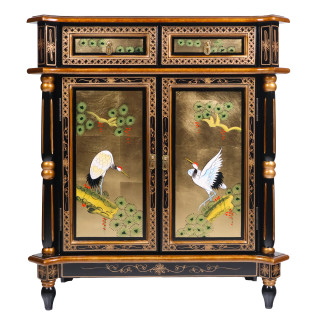 Empire Style Oriental Cabinet in Black lacquer with Gold Leaf Handpainted in Chinese Crane and Pine Tree 32"H