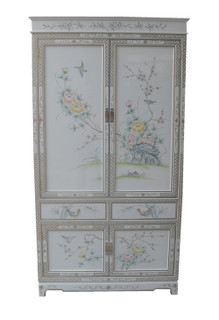 Oriental White Lacquer Armoire Hand Painted Floral
