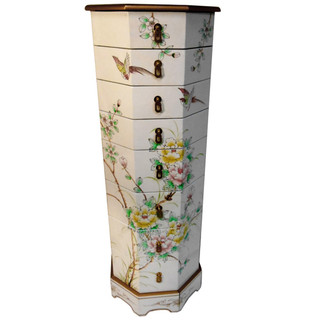8 Drawer Asian Pedestal With Hand Painted Bird and Flower Design in White Lacquer