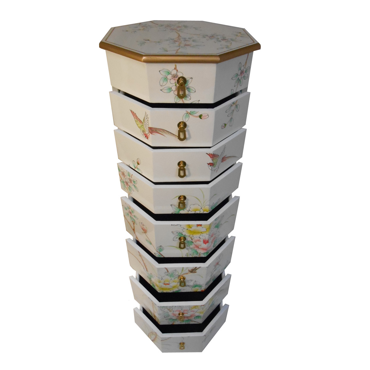 Pedestal In Oriental White Lacquer With Painted Floral With