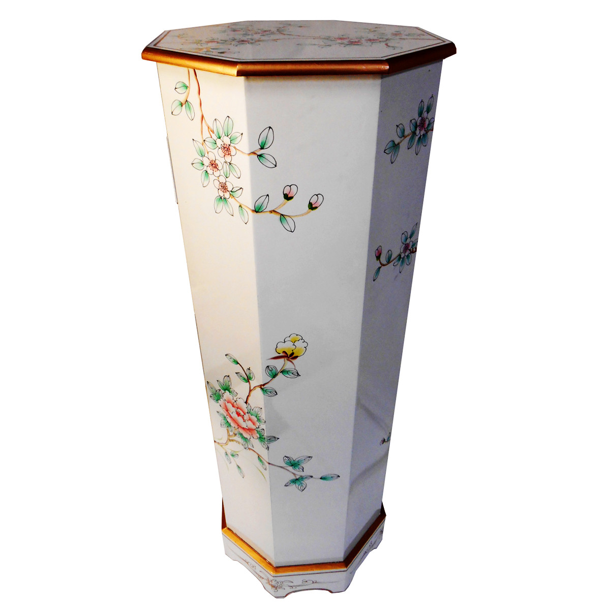 Pedestal in Oriental White Lacquer with Painted Floral with