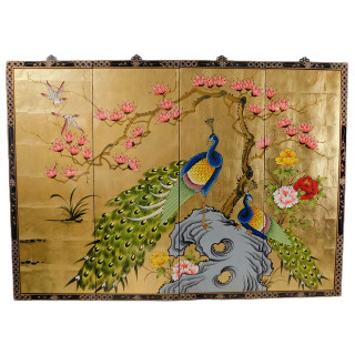 Set of Four Oriental Wall Plaques Hand Painted Peacock on Gold Leaf with Brass Hangers.