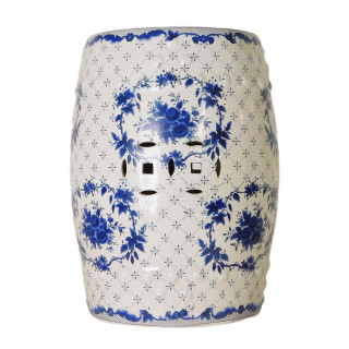 Blue and White Porcelain Garden Stool in European Floral Pattern