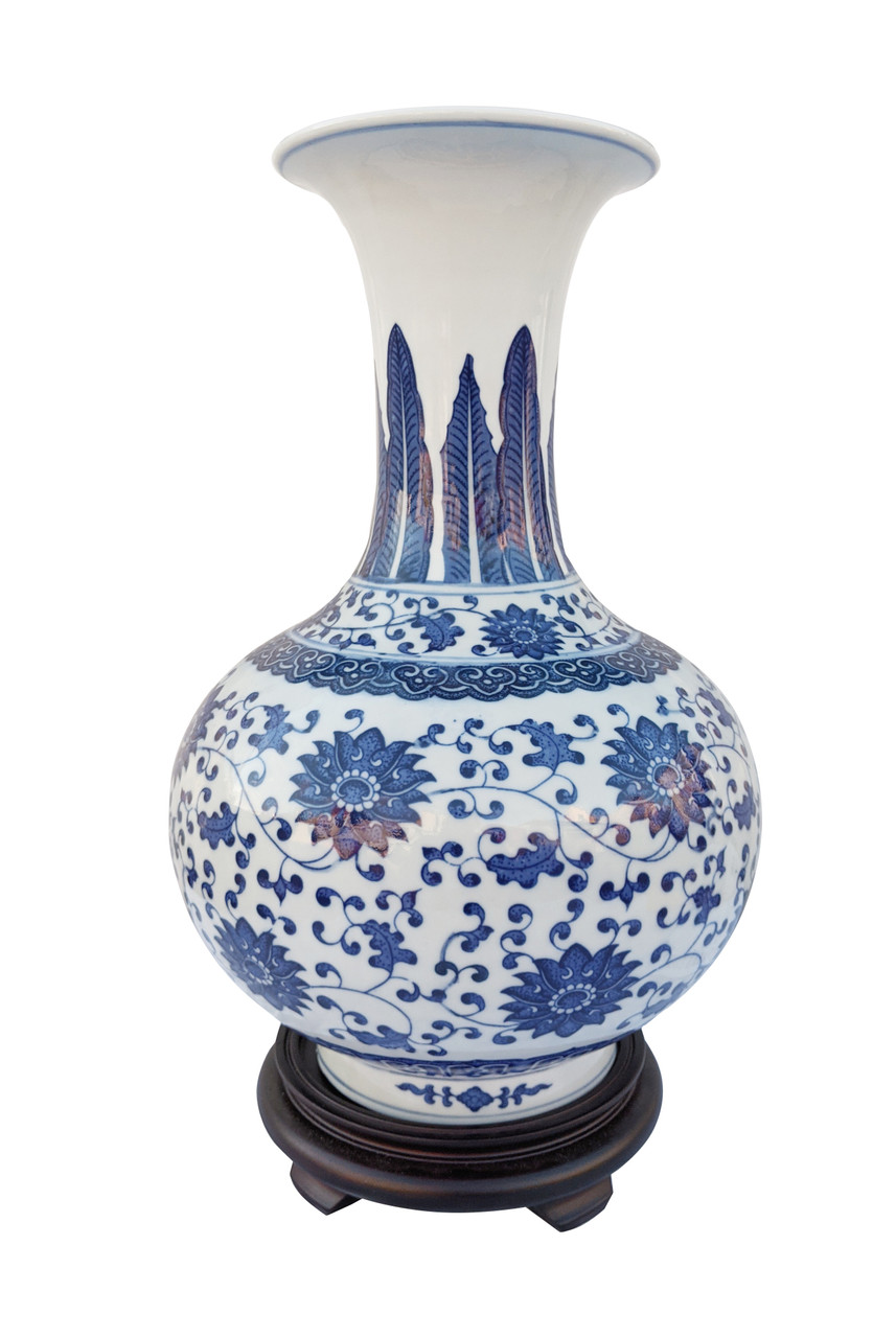 Ball Vase in Chinese Porelain in Blue and White Tall Neck 12''H - Oriental Warehouse: Chinese & Asian Styles