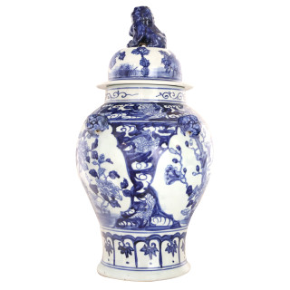 Hand Made Blue and White 24" High Chinese Lion Lid Jar