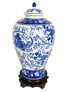 12" H Blue and White Porcelain Melon Jar with Lid