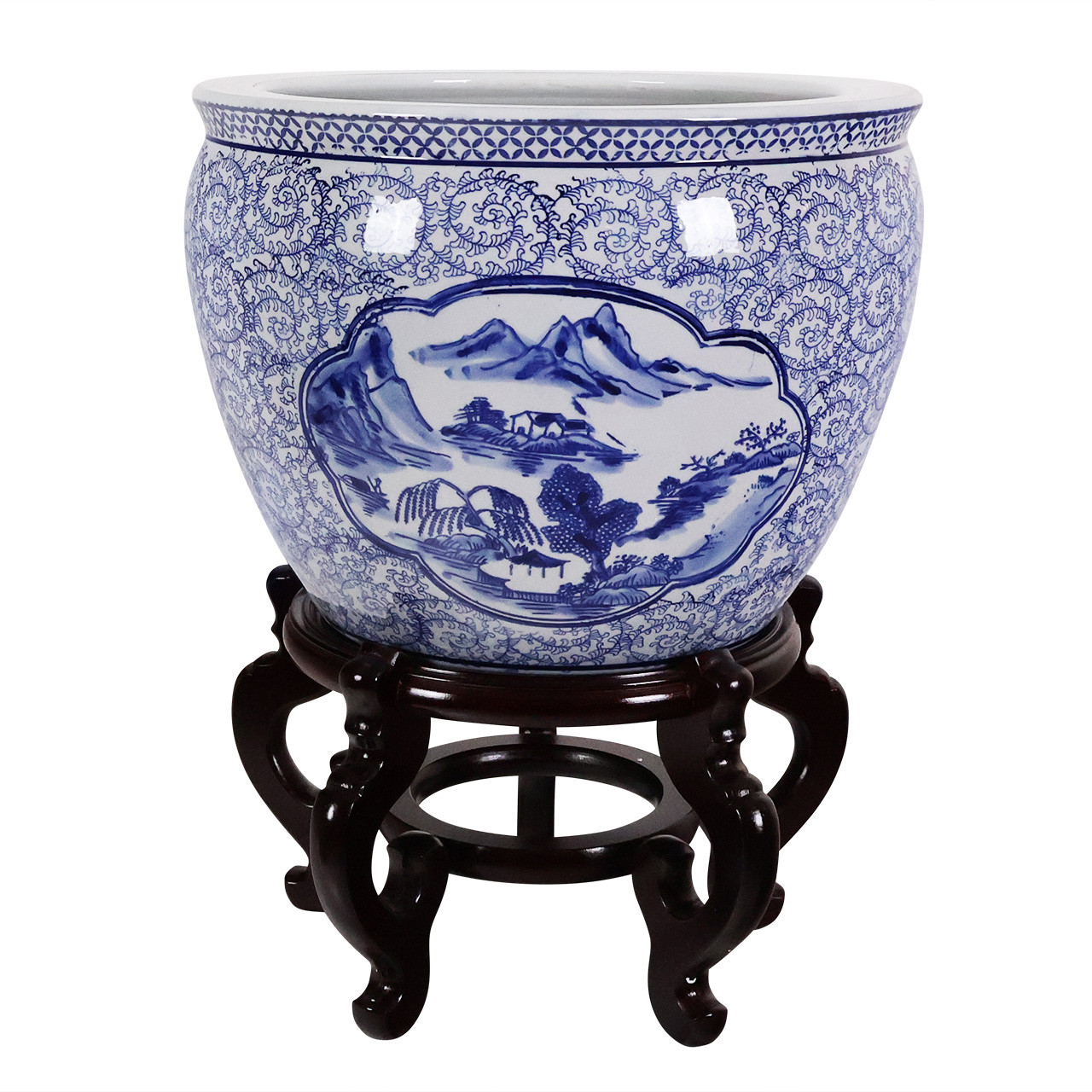Oriental Furnishings Landscape Painted Porcelain Garden Pot, Blue/White, 8 inch