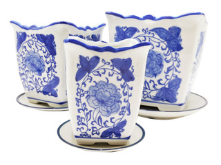 Blue and White Painted Three Piece Porcelain Planter Set
