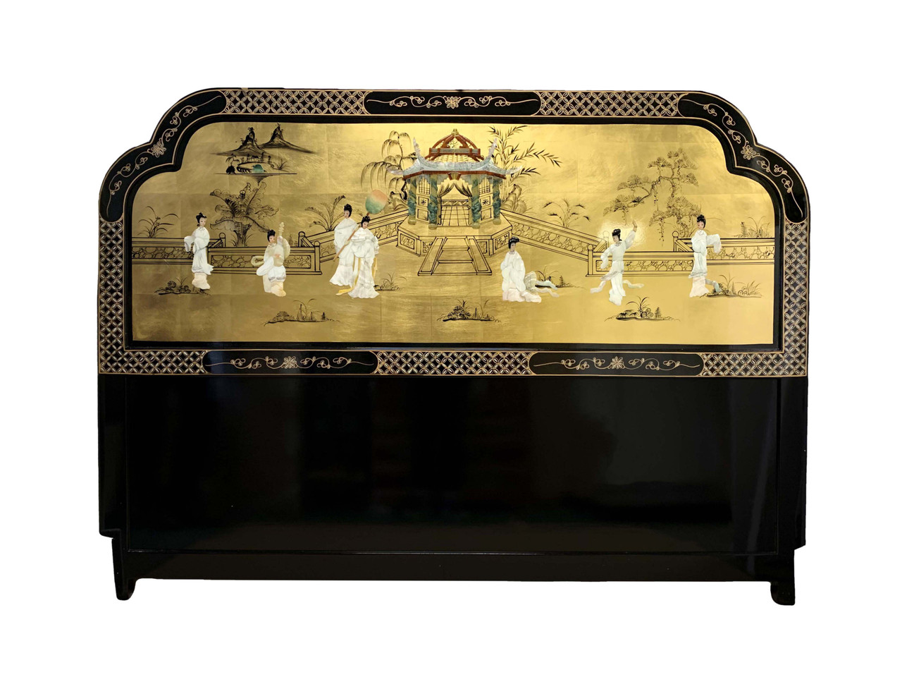 Oriental Headboards in Lacquered Gold leaf with Mother of Pearl Inlaid