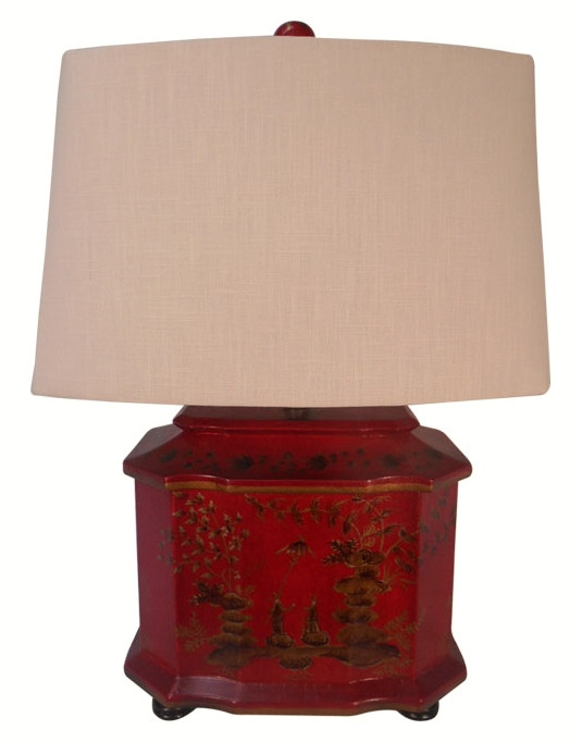 Beautiful Chinese Red Lacquer Box Table Lamp w Shade and Finial 15" 